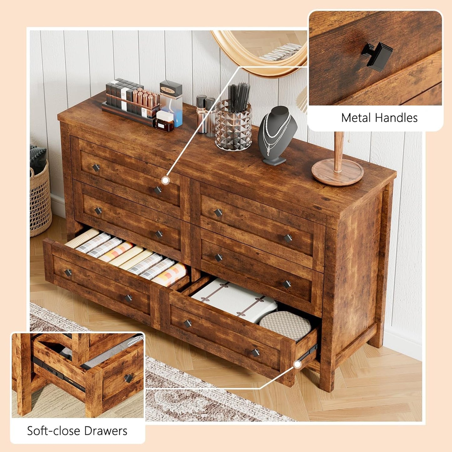 LUXOAK Bedroom Dresser and Nightstand 3 Piece Set, 1 X Wood Rustic 6 Drawer Storage Dresser, Nightstand Set of 2 with Charging Station, Farmhouse Bedroom Furniture Set, Rustic Brown