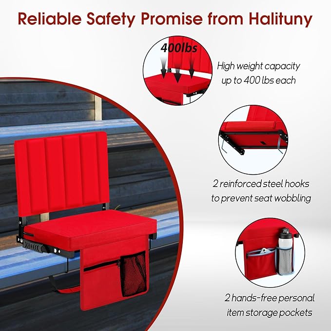 Halituny Stadium Seat for Bleachers with Back Support, Portable Bleacher Seat with Wide Comfy Padded Cushion, Metal Hook, Folding Stadium Chair with Shoulder Strap, Carry Handle, Cup Holder
