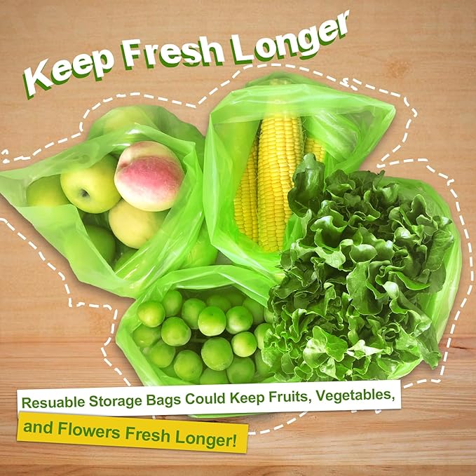 Green Fresh Bags, Keep it Fresh Produce Bags Reusable Green Fresh Bags Keeps Fruits, Vegetables and Cut Flowers, Fresh Longer, BPA-Free (40 Pack)