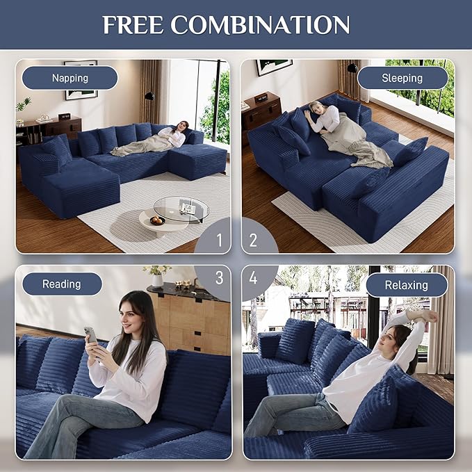 Modular Sectional Sofa, 130" U Shaped Cloud Couch Plush Corduroy Deep Seat Boneless Sofas with 8 Pillows Double Chaise Lounge Sectional Couches with Memory Foam for Living Room - Blue