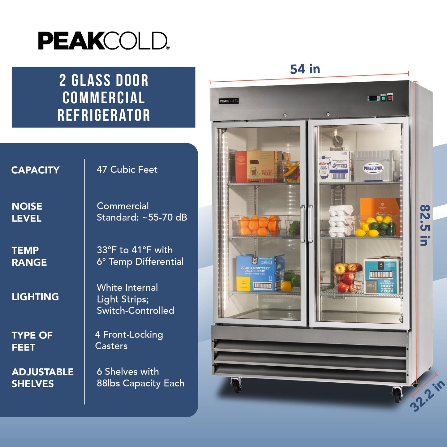 PEAKCOLD Double Glass Door Commercial Refrigerator - 47 Cubic Ft, 54" Wide Stainless Steel Reach-In Commercial Refrigerator with White Internal Lighting - Freestanding Industrial Fridge