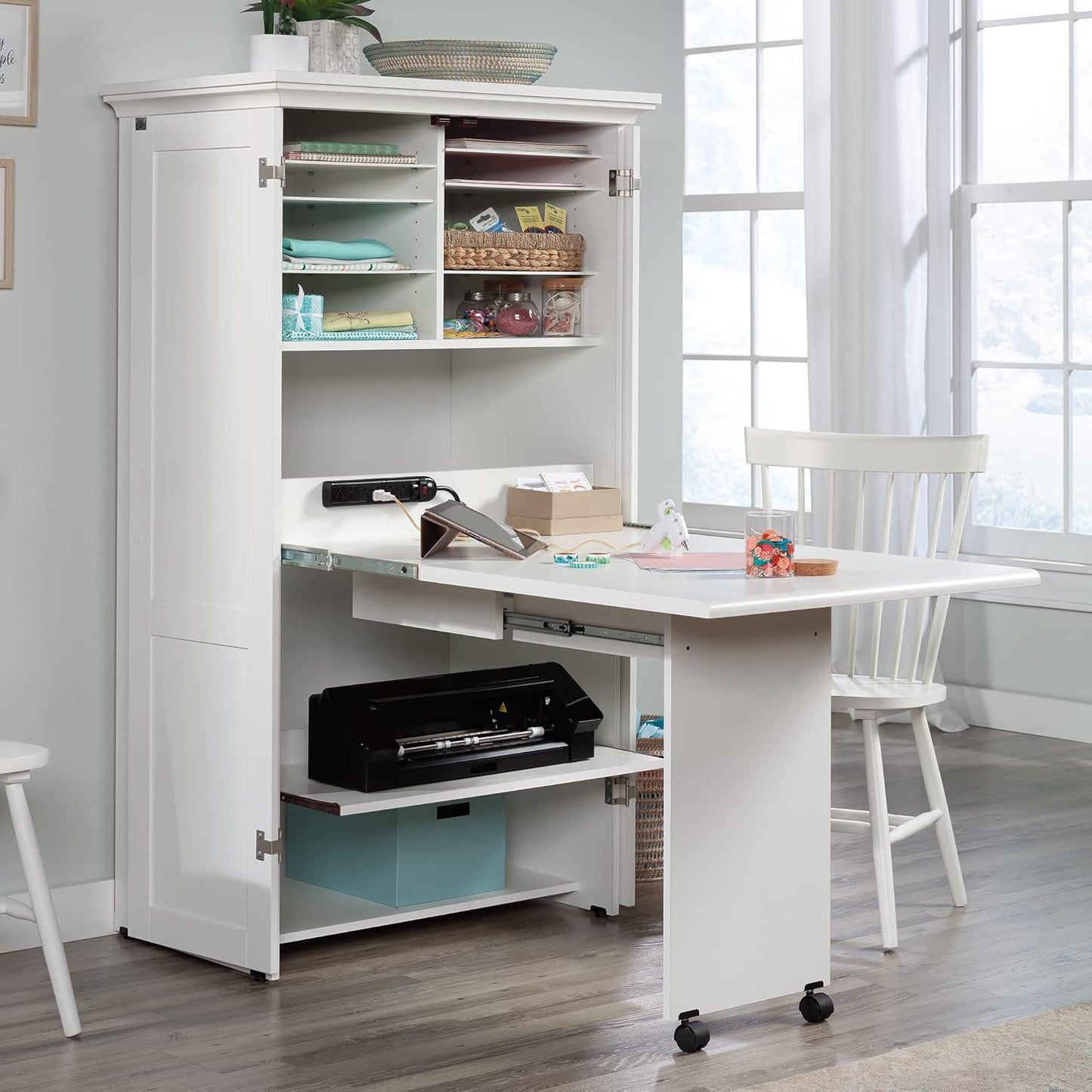 Sauder Miscellaneous Storage Craft & Sewing Armoire, L: 35.11" x W: 21.81" x H: 61.58", Glacier White finish