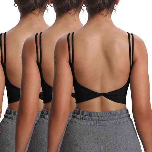 Aoxjox Women's Workout Sports Bras Fitness Yoga Crop Tank Twist Back Cami (Black 3 Pieces Pack, Medium)