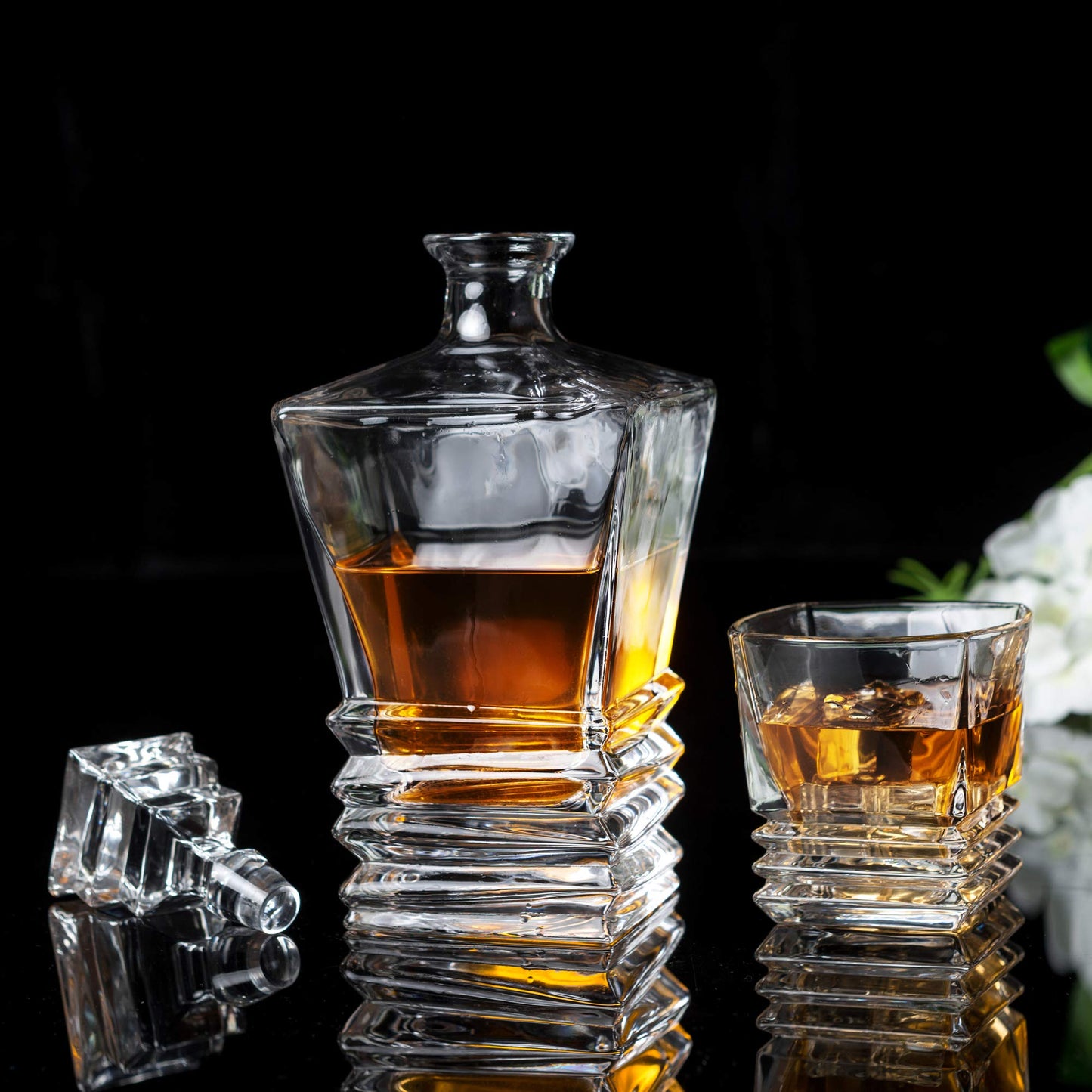 KANARS Whiskey Decanter Set - Crafted Crystal Decanter With 4 Lowball Glasses for Scotch, Bourbon or Liquor - Men Dad Gift for Birthday, Retirement, Christmas Thanksgiving, Wedding and Housewarming