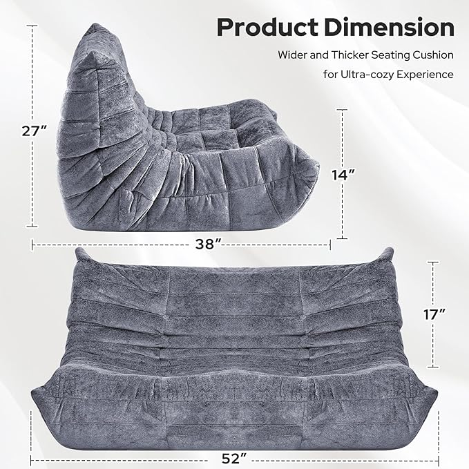 HABUTWAY Bean Bag Chair, Giant Bean Bag Chairs for Adults, Loveseat Fireside Chair, 2 Seater Lazy Bean Bag Sofa Memory Foam Couch for Living Room, Bedroom, Office (Grey)