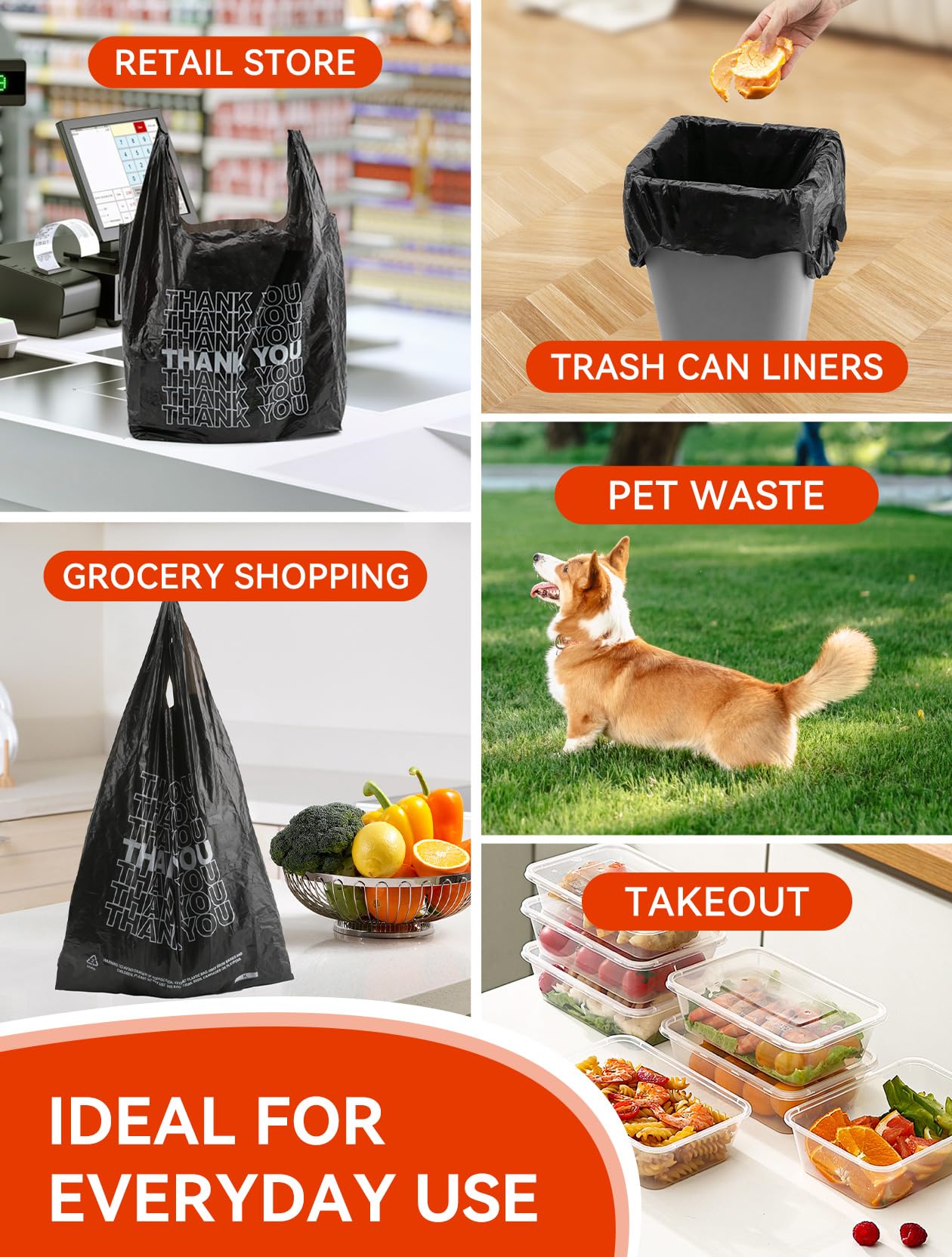 UMT Plastar 300 Count Thank You Plastic Bags, 12" x 6" x 22", 15 Mic Black Grocery Bags with Handles, Ideal for Restaurants, Retail, Grocery Stores, Takeout, Convenience Stores