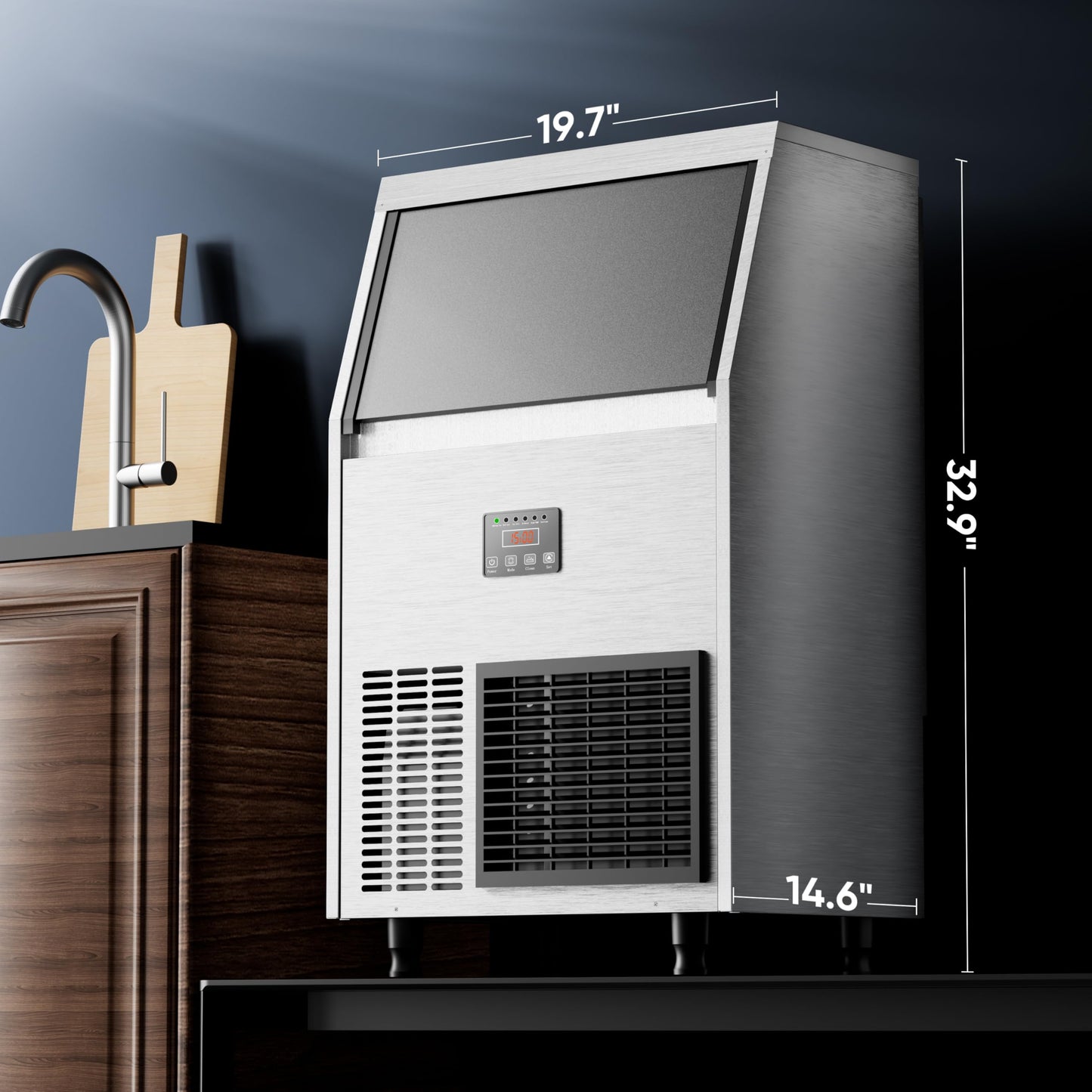 Coolake Commercial Ice Maker Machine 100lbs/24H Under Counter Ice Machine with 33lbs Ice Storage, 115V Air Cooled Stainless Steel Freestanding Ice Machine for Home Restaurant Outdoor