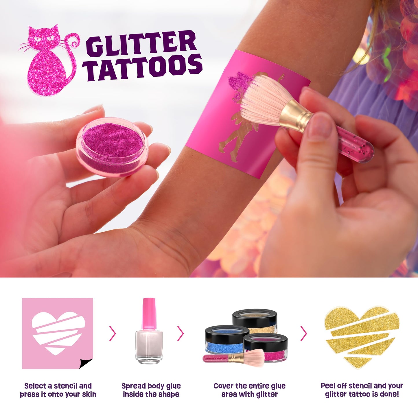 Pretty Me Glitter Tattoo Kit for Kids - Glitter & Metallic Fake Tattoos for Girls - Birthday Gift Ideas for Girl - Temporary Tattoo Set - Craft Kits Toys for Ages 6 7 8 9 10 11 Year Old - Cool Gifts
