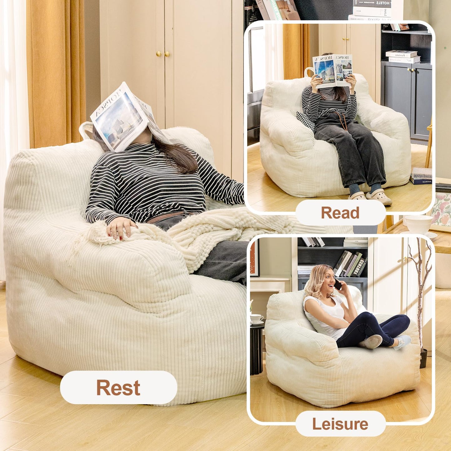 Stmoze Bean Bag Chair for Adults - Faux Fur, Fluffy and Comfy with Filler, Big Sofa for Reading, Gaming (Beige, Oversize)