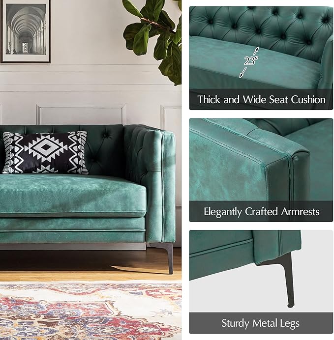 HULALA HOME 84" W Faux Leather Sofa Couch with Metal Legs, Button-Tufted 3-Seater Sofa, Mid Century Modern Contemporary Upholstered Couch for Living Room, Entertainment Area, Apartment,Green