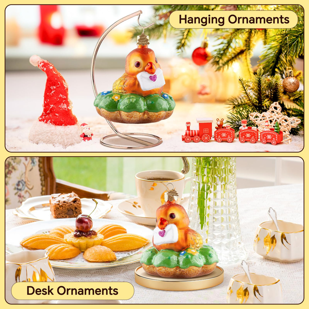 HZYC Bird Christmas Tree Ornaments,Hand-Blown Glass Christmas Ornaments,Parrot Donut Collection Hanging Ornaments,Glass Hanging Decorations for Animal Lovers Holiday Party Home Gifts (Donut&Parrot)