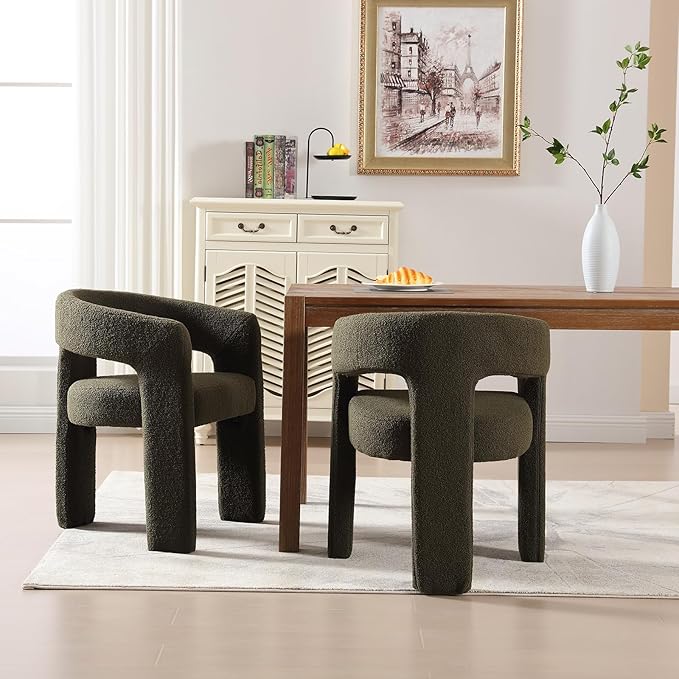 DAYALANE Modern Boucle Dining Chair, Sherpa Upholstered Accent Kitchen Chair with Arms Comfy Barrel Side Chair for Living Room/Home Office/Reception, Green
