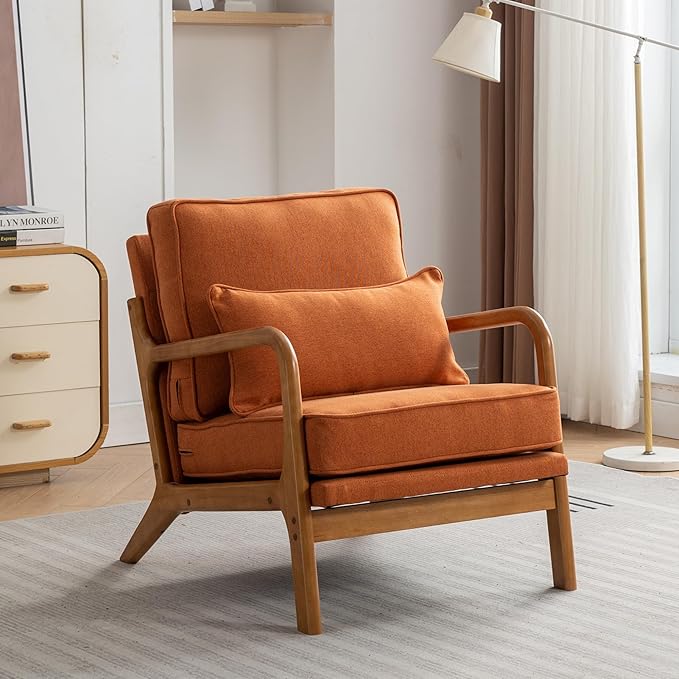 SEYNAR Mid-Century Accent Chair,Linen Fabric Lounge Chair with Wide Armrest,13-16.5'' Low Seat Height Armchair with Lumbar Pillow & Solid Wood Frame for Living Room, Bedroom, Balcony(Orange)