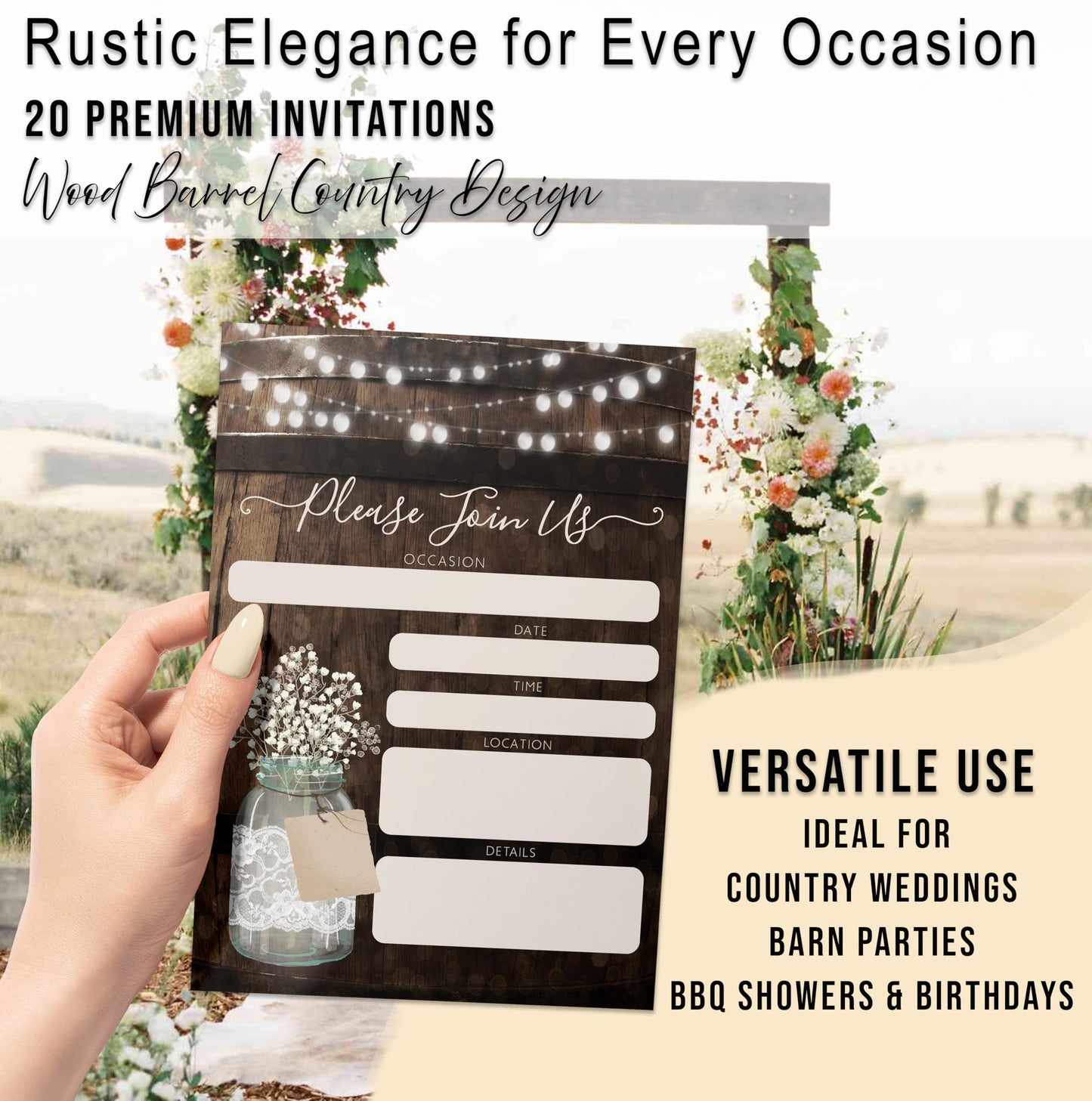 Your Main Event Prints 20 Rustic Country Wood Barrel Invitations – Fill-In Style 5x7 Invites for Wedding, Bridal Shower, Baby Shower, Birthday, Engagement, Anniversary, or Party