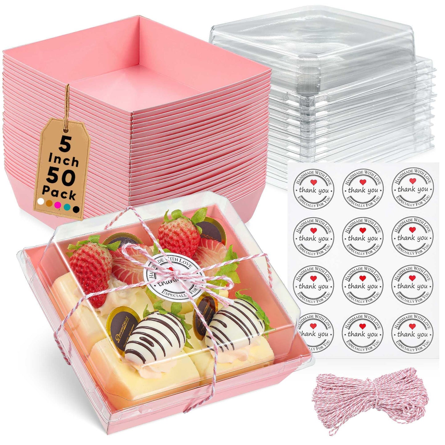Leafiew 50 Pack Small Clear Treat Boxes - Dessert Boxes To Go - 5Inch Disposable Paper Mini Containers for Cookie, Cake Slice, Charcuterie, Bakery, Pastry, Strawberry, Baked Goods Packaging (Pink)
