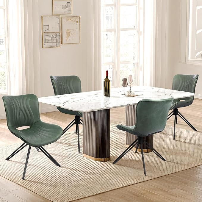 VATROS Dining Chairs Set of 4, 360° Swivel Upholstered Mid-Century Modern Kitchen Dining Room Chairs, Armless Faux Leather Accent Side Chair with Padded Back,Metal Legs for Living Room Bedrooms,Green