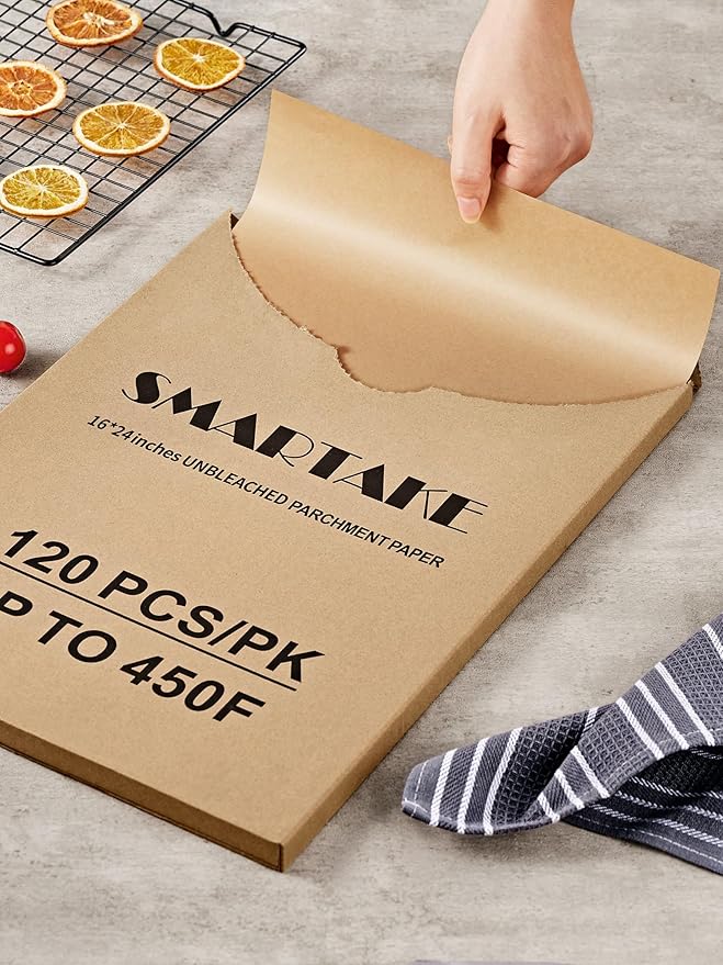 SMARTAKE 120Pcs Parchment Paper Sheets, 16x24 Inch Pre-Cut Parchment Paper for Baking, Non-Stick Baking Paper, Natural Wood Pulp, for Air Fryer Steaming Grilling Rack Oven (Unbleached)