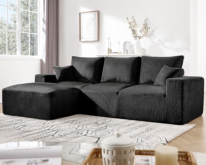 Myroyalsit 108" Modular Sectional Sofa, Compression Sofa with Deep Seat, Modular L-Shape Couch with Chaise, Upholstered Couches for Living Room Bedroom, No Assembly Required (Black, 108" L Shape)