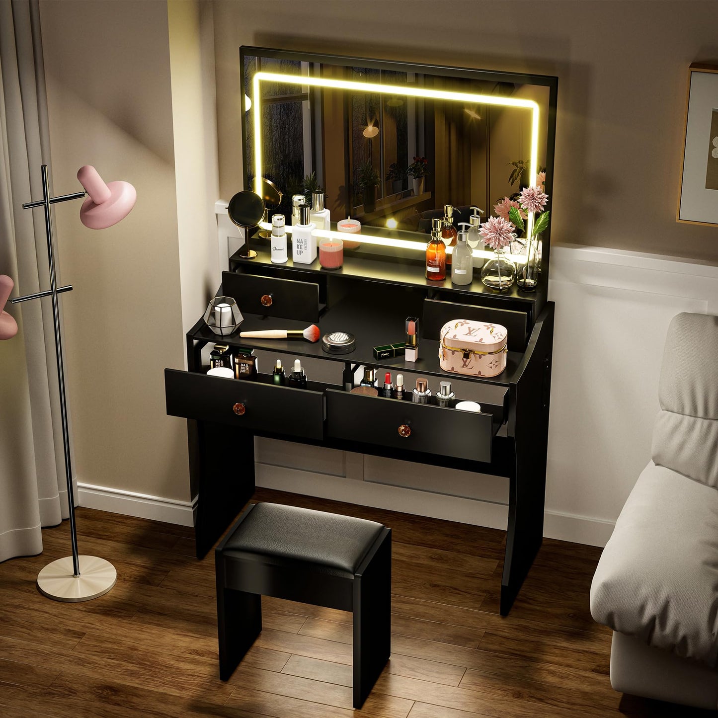 COMHOMA Makeup Vanity Desk with Mirror and Lights, Vanity Table and Chair Set with 4 Drawers and Charging Station, Bedroom Dresser LED Mirror Stepless Dimmable & 3 Color Modes Adjustable, Black