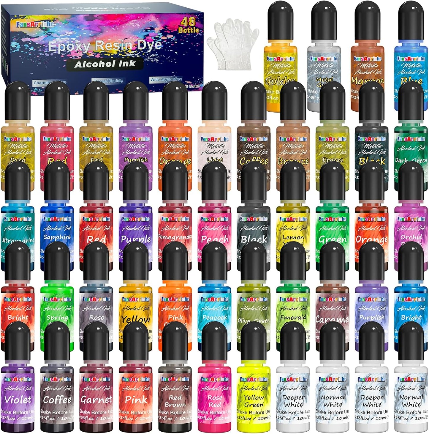 FansArriche Alcohol Inks for Resin, 48 Colors High Concentrated Alcohol Ink Set for Epoxy Resin, Alcohol-Based Resin Ink for Coasters, Fluid Painting Crafts, Tumbler Making, 10 ml Each