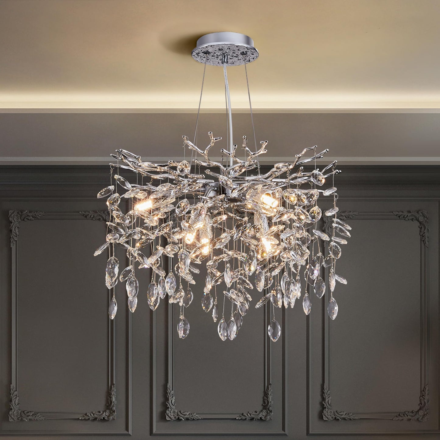 witkey Modern Tree Branch Crystal Chandelier Luxury Silver Crystal Pendant Lighting 18" Contemporary 6-Light Chandeliers for Dining Room Kitchen Bedroom Living Room