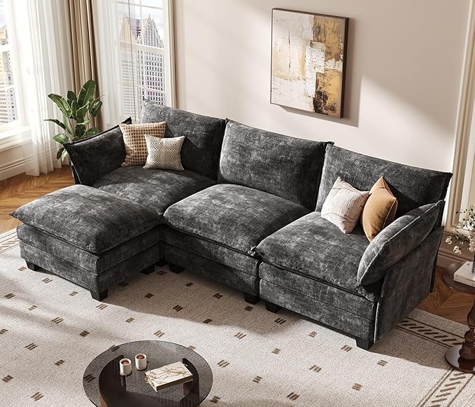 KKL Modular Sectional Sofa, L-Shaped 4 Seater Cloud Couch with Ottoman, Chenille Modern Sectional Couches for Living Room, Apartment, Grey