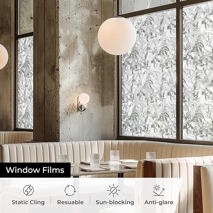 Window Privacy Film, Removable Static Cling, Stained Glass Decorative Window Film, Vinyl Covering for Home Kitchen Living Room, Brash ice, 17.3" x 78.7"