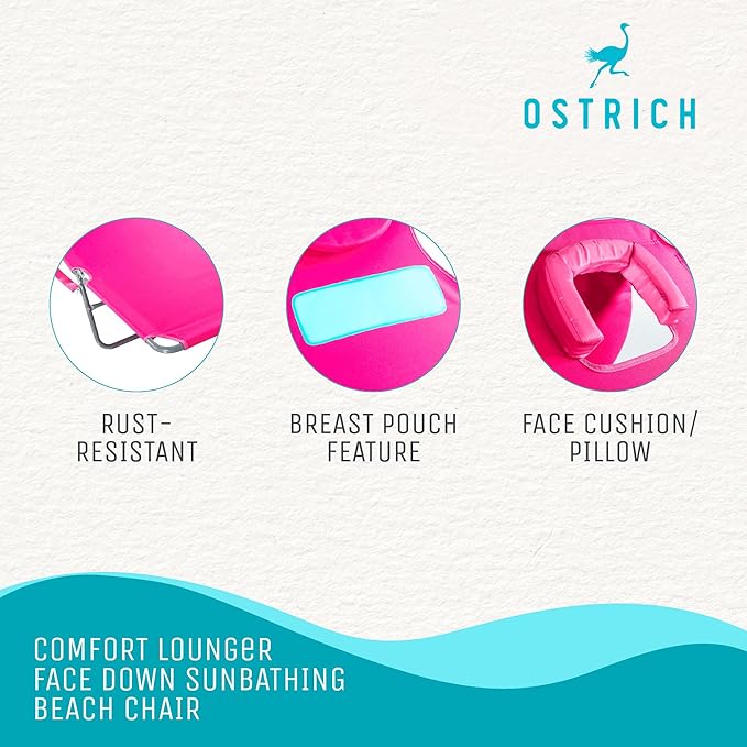 Ostrich Ladies Comfort Lounger with Chest Support, Portable Reclining Outdoor Patio Beach Lawn Camping Pool Tanning Chair, Pink, Chaise Lounge Only