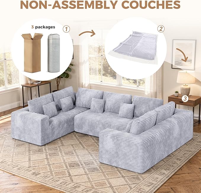 136'' Large Sectional Cloud Couches with Chaise, U Shaped Boneless Loveseat Sofa, No Assembly Required Deep Seat Modular Lounge for Living Room 3PCS Set, Bedroom(Light Grey)