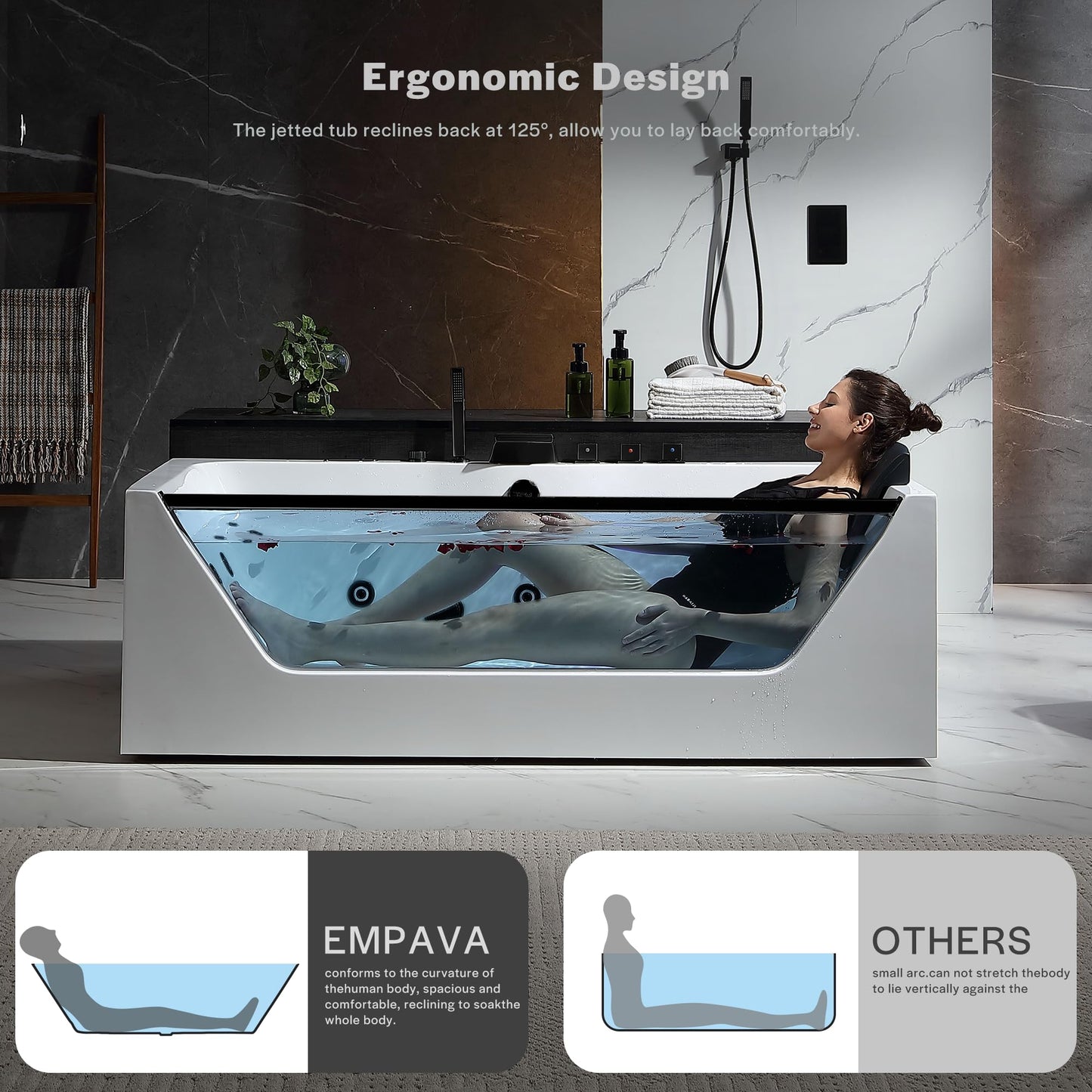Empava Acrylic Whirlpool Bathtub, 71-Inch Jetted Bathtub with Heater, 10 Jets Hydromassage with Chromatherapy, 3-Side Apron with LED Control Panel, Waterfall, Black Hardware and Nozzles
