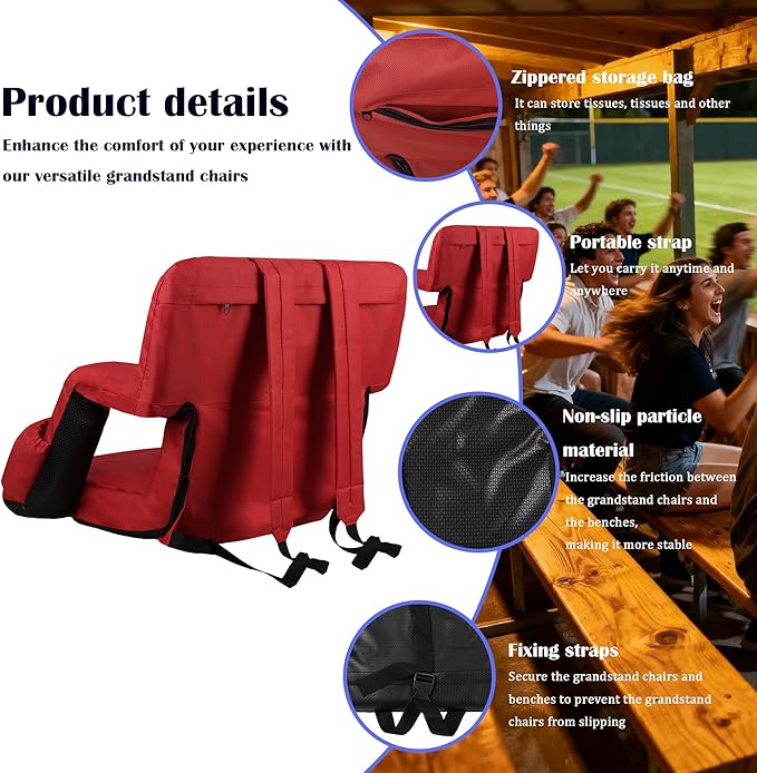 Anmiro Stadium Seats with Back Support Bleacher Chairs with Back and Extra Wide Cushion Thick Padded Bleacher Portable Reclining Seats for Football, Baseball and Basketball (Red, Medium)