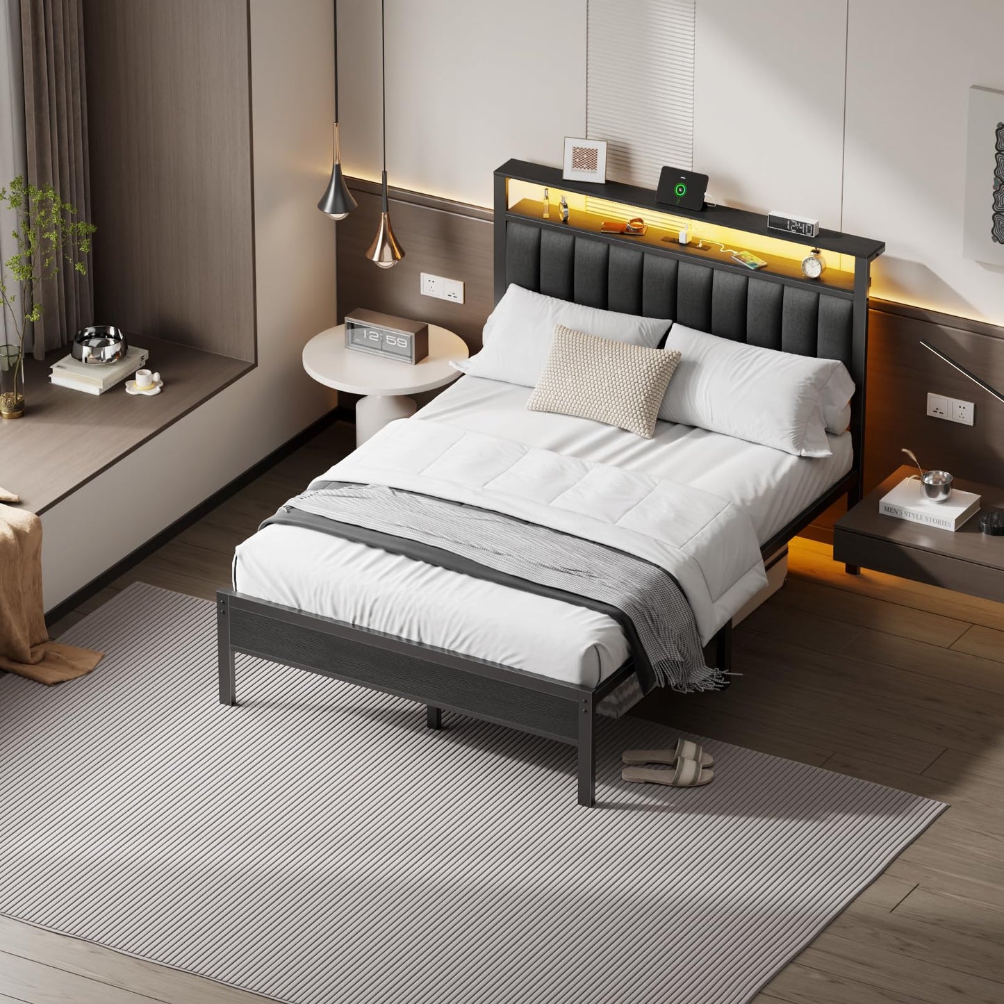 Furnulem Queen Size Bed Frame with Charging Station and LED Lights, Platform Bed with Metal Slats, Grey Upholstered Headboard with 2-Tier Storage Shelves, No Box Spring Needed
