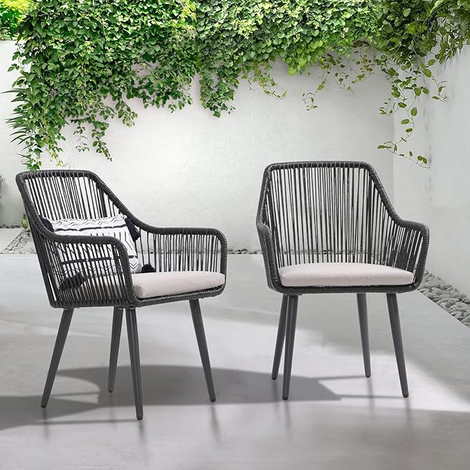 Patiorama Outdoor Dining Chairs, Patio Dining Chair Set of 4, All-Weather Woven Rope Rattan Chairs, Outdoor Dining Wicker Chairs with Armrests for Indoor Balcony Pool Backyard(Black)