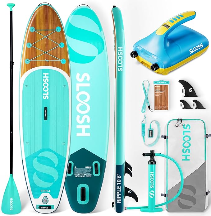 SLOOSH Inflatable SUP & Electric Pump Bundle – 10'6" Paddle Board with Premium Accessories, Non-Slip EVA Deck, 20 PSI Dua...
