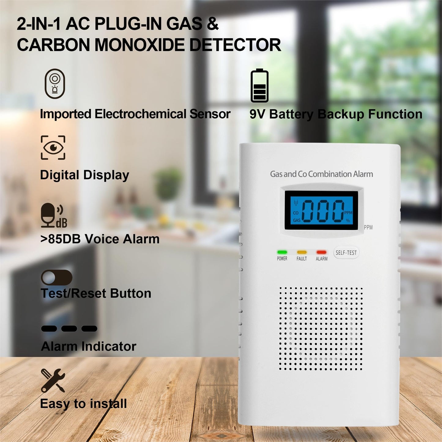 Plug in Combination Gas & Carbon Monoxide Detectors - Natural Gas Detectors & Carbon Monoxide Alarm for Home, Co Detector & Gas Detectors with Digital Display,Holds 9V Battery (not Included)