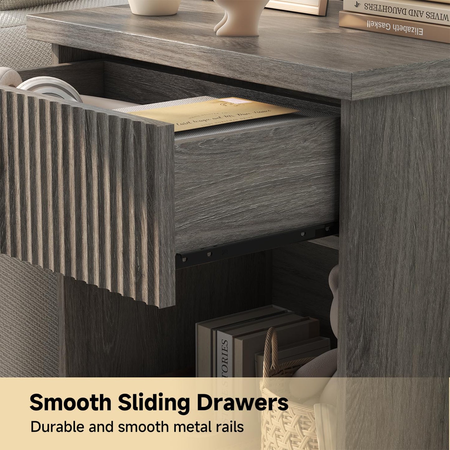 UNIQUITE Fluted Nightstand, 22.8" Wide Nightstands with Drawer Storage Large Wood BedsideTable Night Stand for Bedroom, Grey Oak