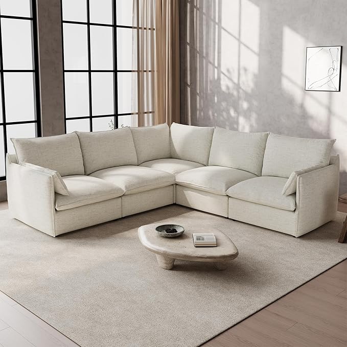 Gtilzria Waterproof Cloud Sectional Sofa for Living Room,High Backrest Down Filled Couch,5 Seater Oversized Modular V-Shaped Couches,Detachable Couch Covers,Cream White
