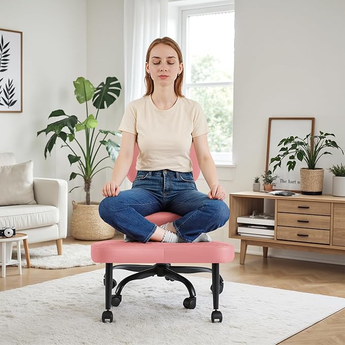 Homall Ergonomic Cross Legged Office Desk Chair with Wheels, 360° Swivel and Adjustable Height for Meditation and ADHD,Criss Cross Kneeling Chair with Lumbar Support (Leather, Pink)