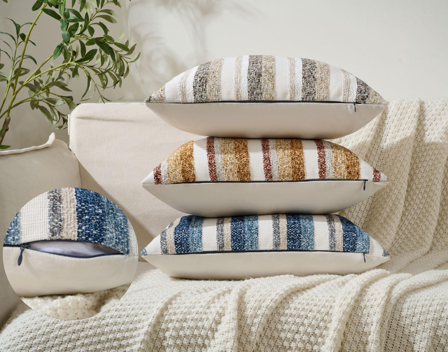 Zealax Modern Farmhouse Decorative Pillow Covers 18x18 Inch Boho Throw Pillows Neutral Soft Chenille Couch Cushion Covers, Set of 2 Velvet Striped Accent Pillows Cases for Sofa Bed Living Room, Blue