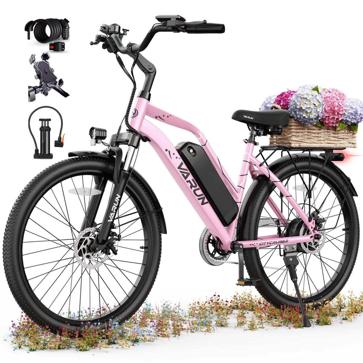 VARUN Electric Bike - 500W Adult Ebike Up to 40Miles, 48V Removable Battery, Shock Absorber, 7-Speed and Dual Disc Brakes,Stylish 26" Cruiser E-Bike Suitable for Commuting and Leisure