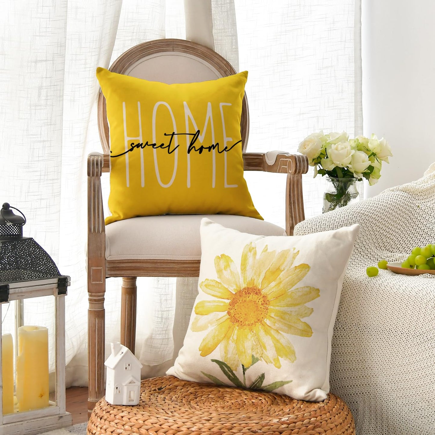 AVOIN colorlife Home Sweet Home Spring Summer Flowers Yellow Throw Pillow Covers, 18 x 18 Inch Cushion Case for Sofa Couch Set of 4