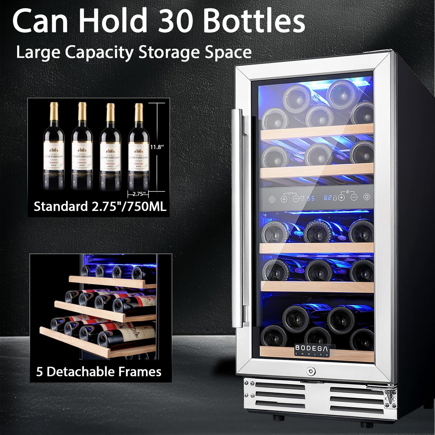 BODEGA 15 Inch Wine Fridge, 30 Bottles Dual Zone Wine Cooler, 41-68°F Wine Refrigerators Free standing, Soft LED Dual Zone Wine Fridge, Built-in or Freestanding for Home/Bar/Kitchen (3.2 cu.ft), Black