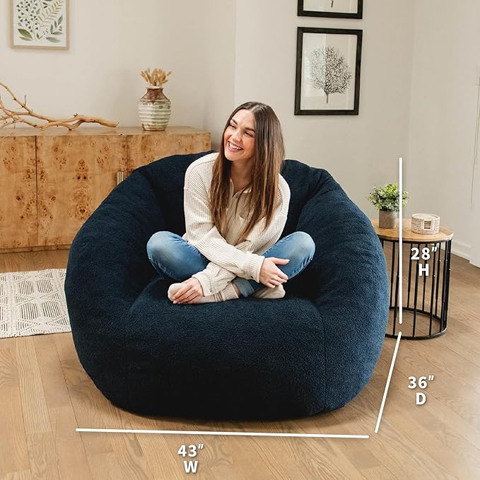 Big Joe Cloudberry Foam-Filled Structured Bean Bag Chair, Deep Blue Teddy Boucle