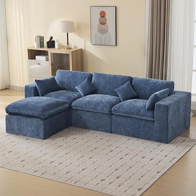 115''Cloud Boneless Sectional Couch, Modular Sectional Sofa Deep Seat with Ottoman, Oversized Upholstered Convertible Comfy 4 Seater Chenille Sofa L Shape Couches for Living Room, Blue