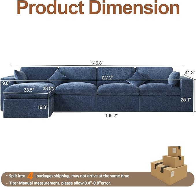155''Cloud Boneless Sectional Couch, Modular Sectional Sofa Deep Seat with Ottoman, Oversized Upholstered Convertible Comfy 5 Seater Chenille Sofa L Shape Couches for Living Room, Blue