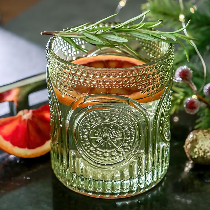 Kate Aspen Retro Arch Floral Green Drinking Glasses Set of 6-10 oz Vintage Beaded Glassware, Textured Water & Cocktail Cup...