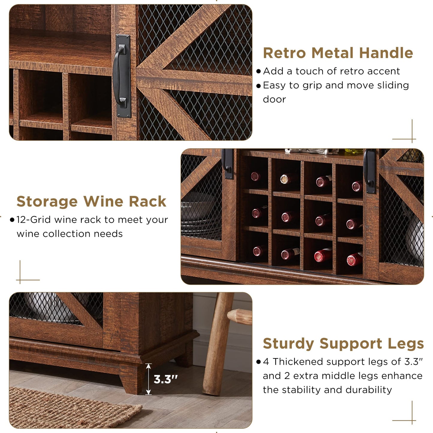 OKD Farmhouse Coffee Bar Cabinet with LED Lights, 55" Wine Bar w/Sliding Barn Door & Wine and Glass Rack, Kitchen Buffet Cabinet w/Storage Shelves for Dining Room,Reclaimed Barnwood