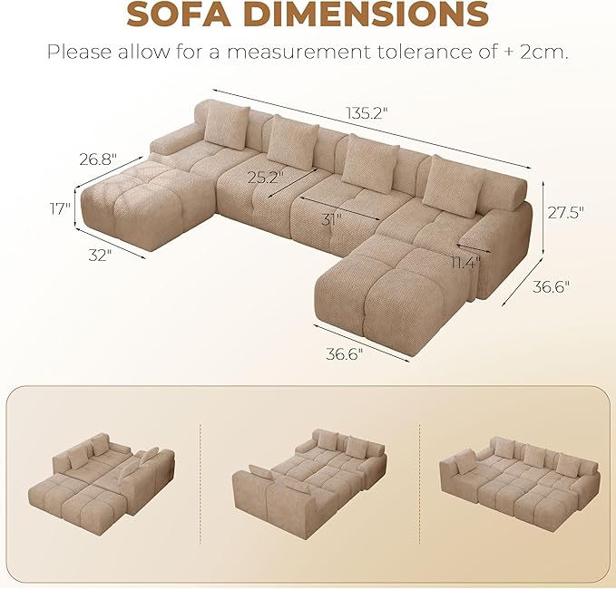 135" Modern L Shaped Modular Sectional Sofa, 6 Seater Convertible Chenille Cloud Couch Sofa Set, Boneless Couches for Living Room with Ottoman, No Assembly Required, Brown