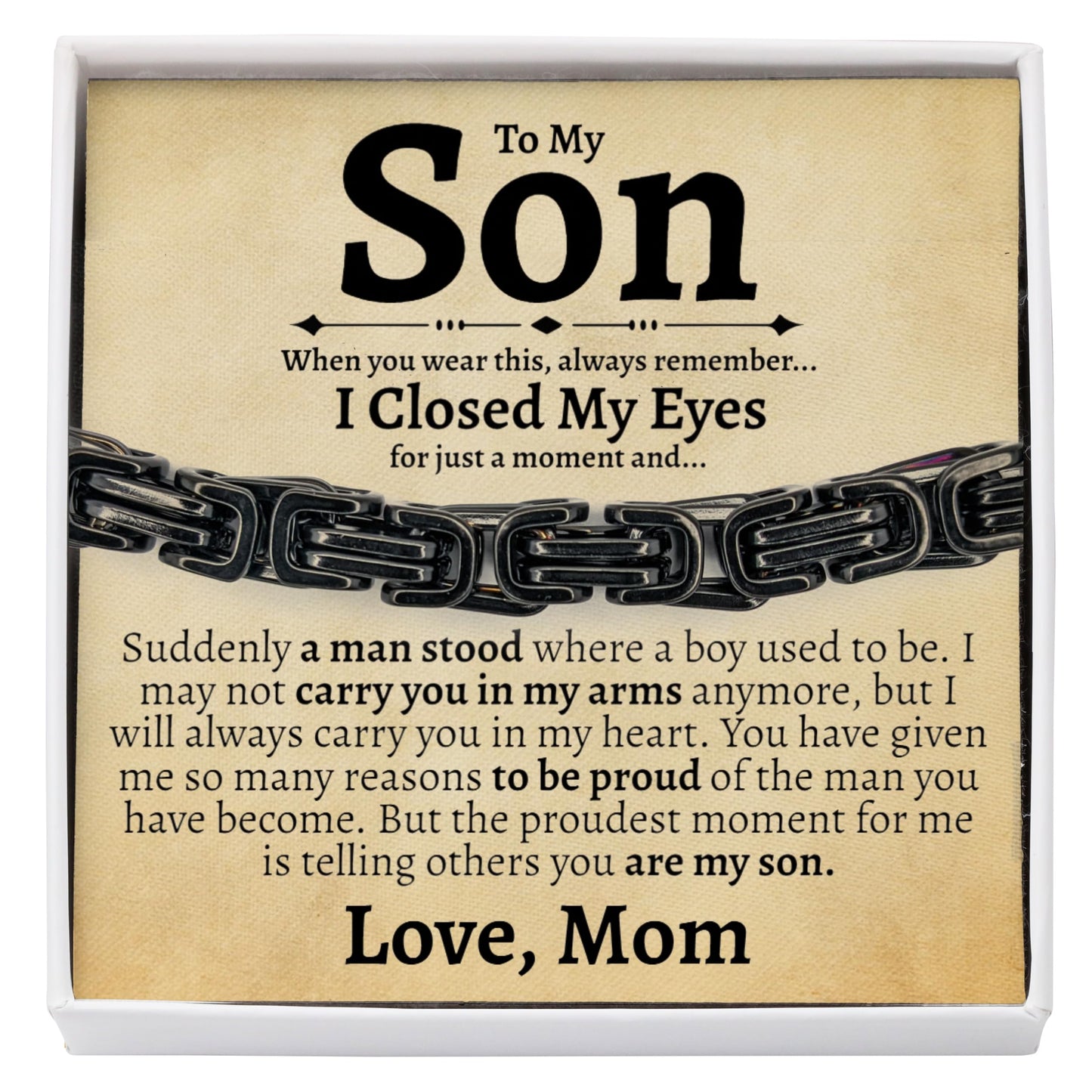 Love You This Much Sentimental Son Gift from Mom | Mens 5mm Twist Steel Bracelet | Mother to Son Present for Birthday | 8"+1" Extender | Luxury Gift Box & Card (Black-Black, Stainless Steel)