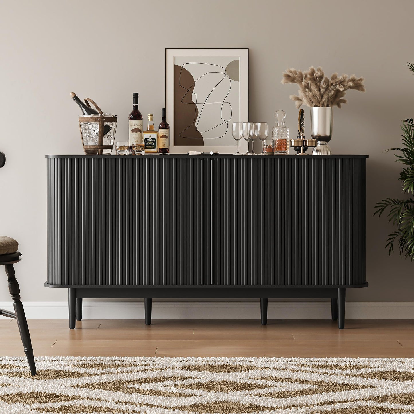 MAISONARIA 59" Wine Bar Cabinet with Storage, Sideboard Buffet Cabinet with Fluted Slide Doors, Modern Coffee Bar Table with 4 Wine Racks for Living Room, Kitchen, Entryway, Black